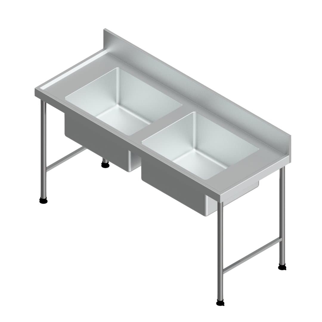 E22128(DC-112-1700) double-centre-bowl pot sink with rear splashback and open stainless steel frame