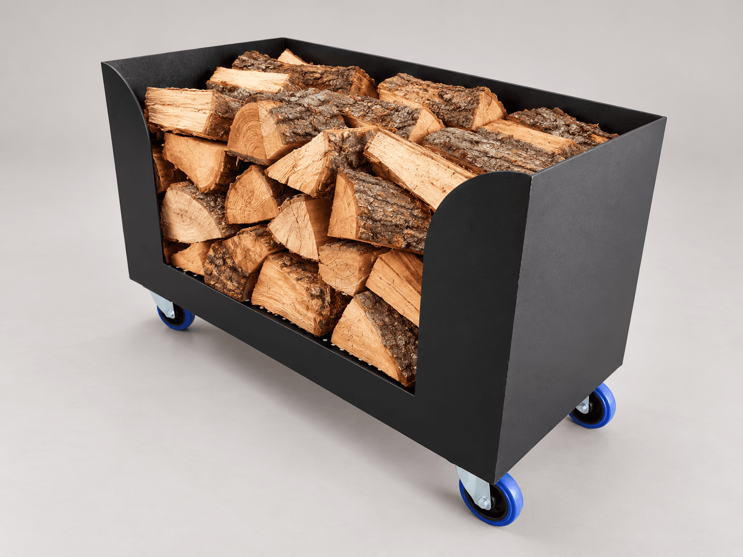 D10100 mild steel firewood trolley on castors, shown loaded with logs