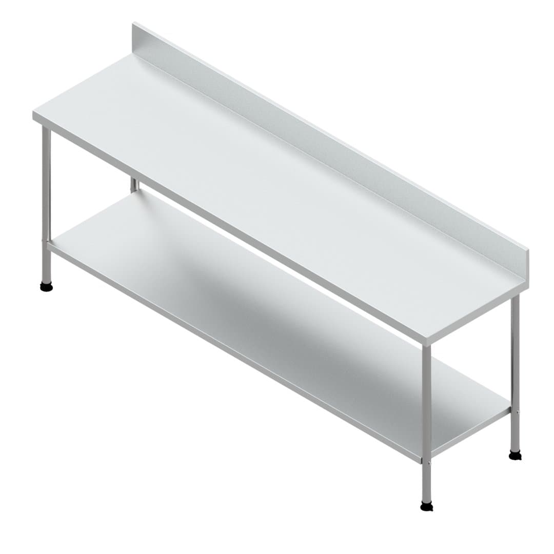2300 x 600 mm Grade 304 stainless steel heavy-duty work table with rear splashback and solid undershelf