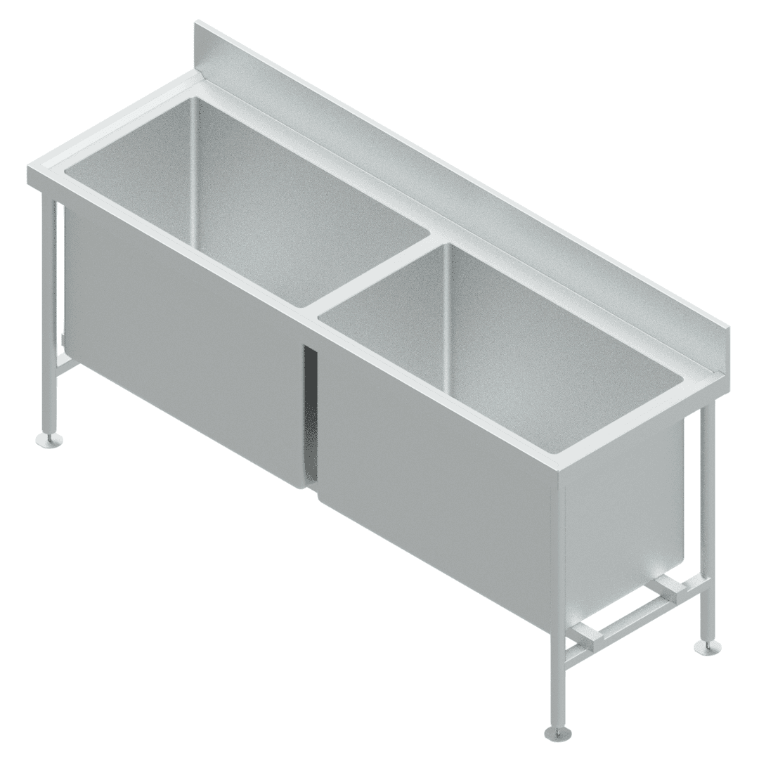 2000mm Grade 304 double bowl utensil sink with deep basins, rear splashback and square tube support bracing