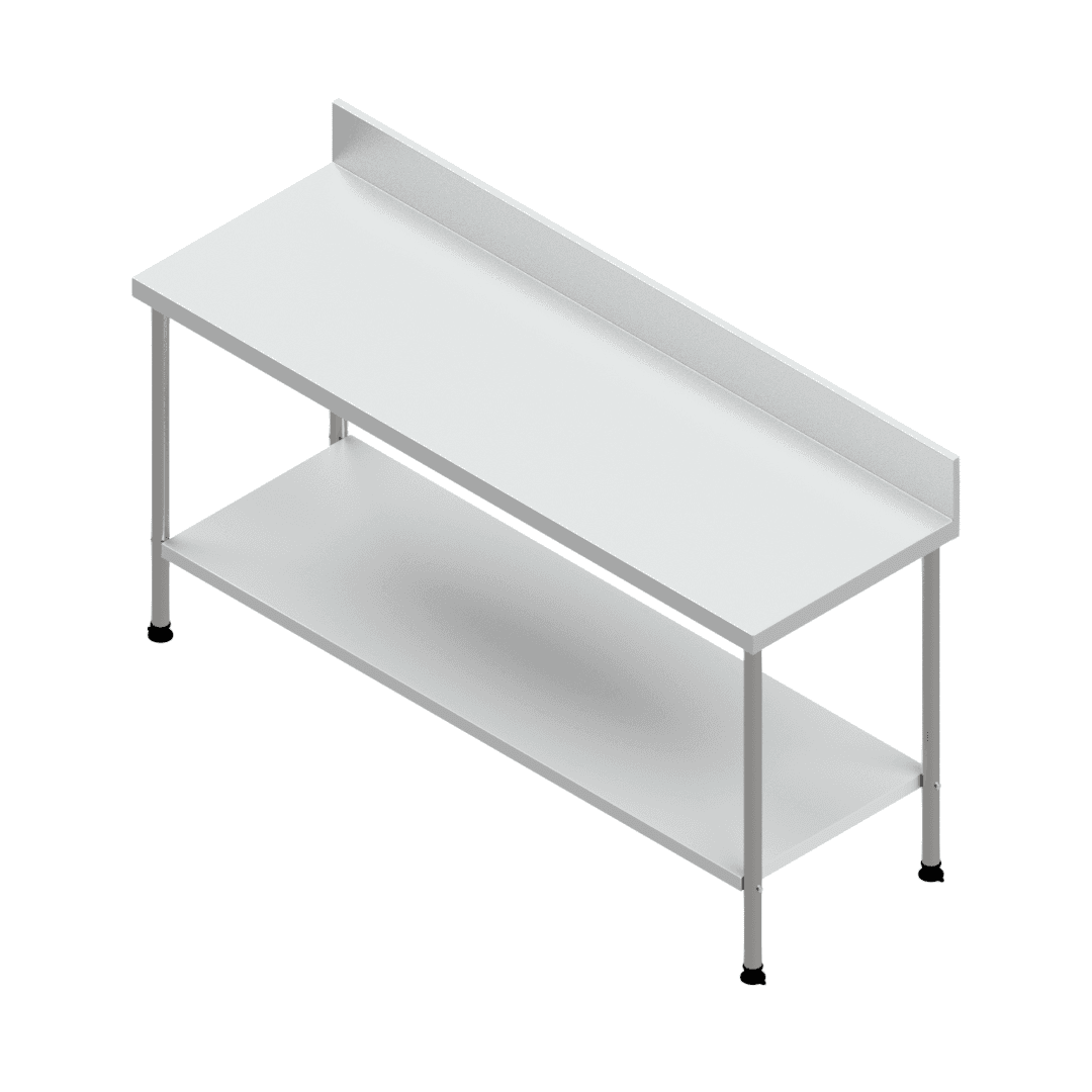Grade 304 preparation table, 1800 x 600 mm, with 150 mm rear splashback and solid undershelf