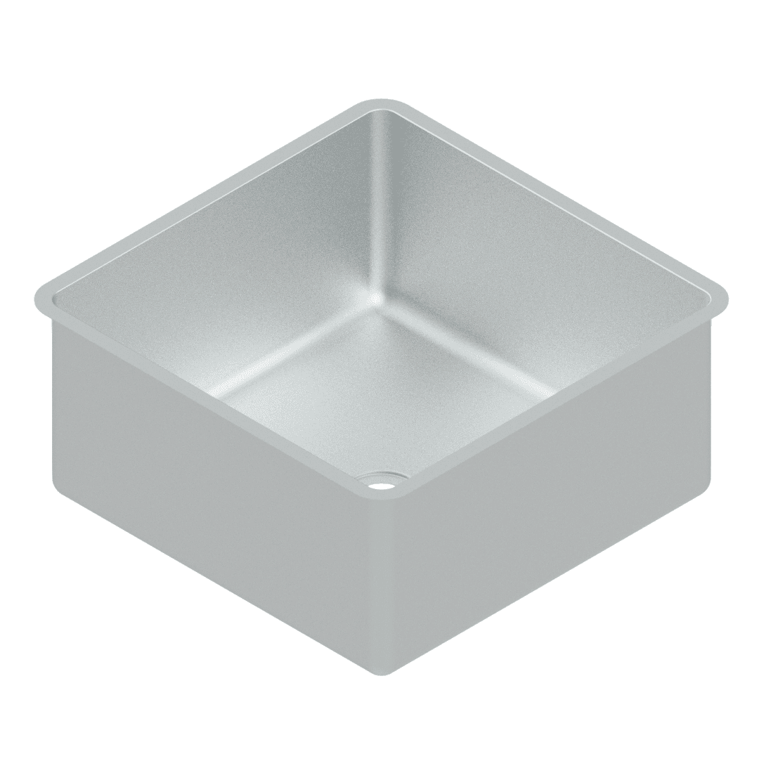 B08147 stainless steel drop-in sink bowl, 500 x 500 x 250mm with 20mm mounting flange and Ø40mm waste outlet