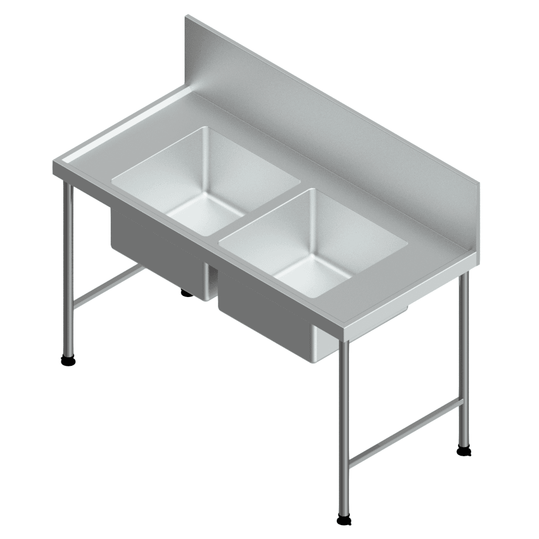 E22126 1500 x 700 mm double-bowl centre preparation sink with 300 mm rear splashback