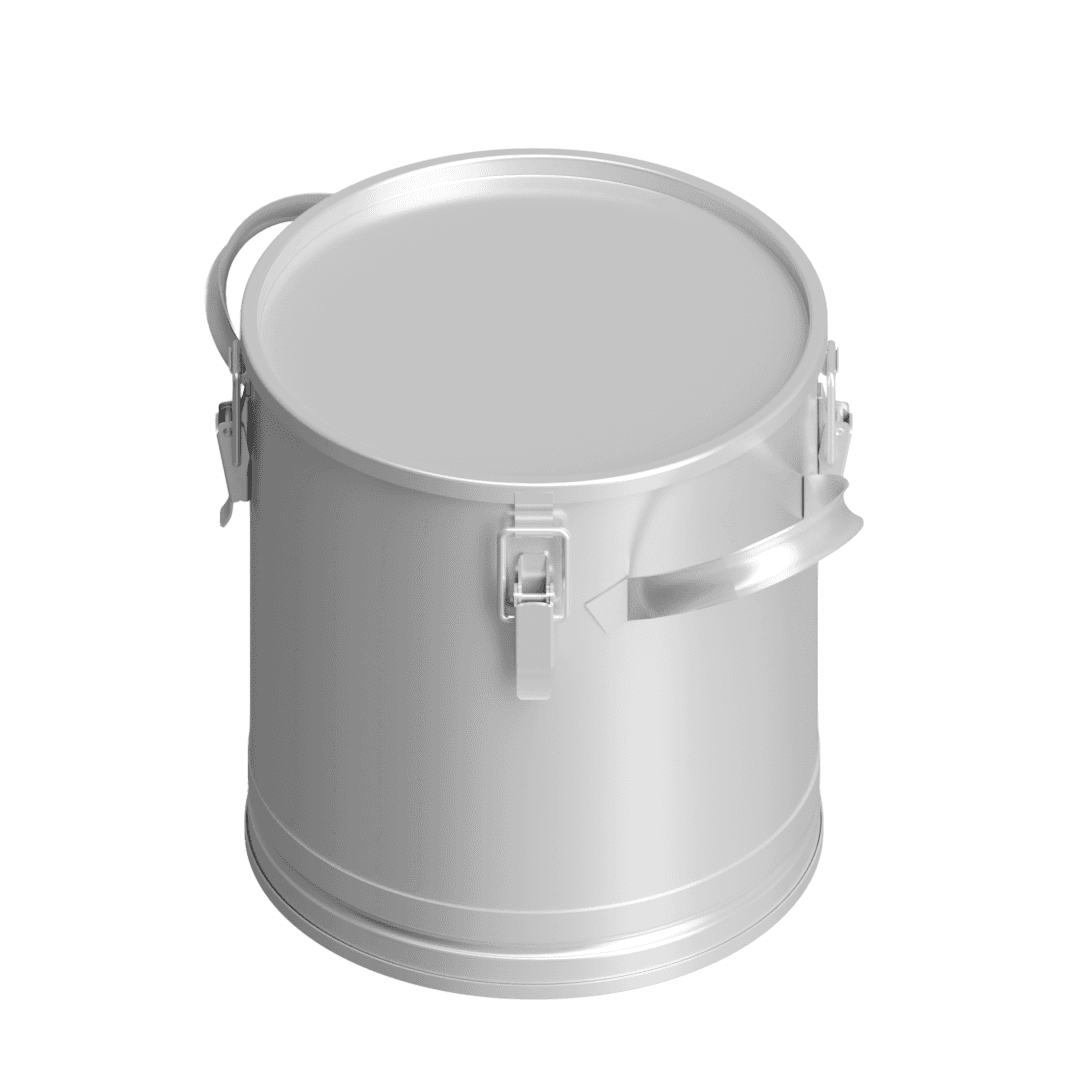 A20310 10L Grade 304 product storage container with clamp-on lid, silicone gasket, barrel handles and reinforcing bottom rim