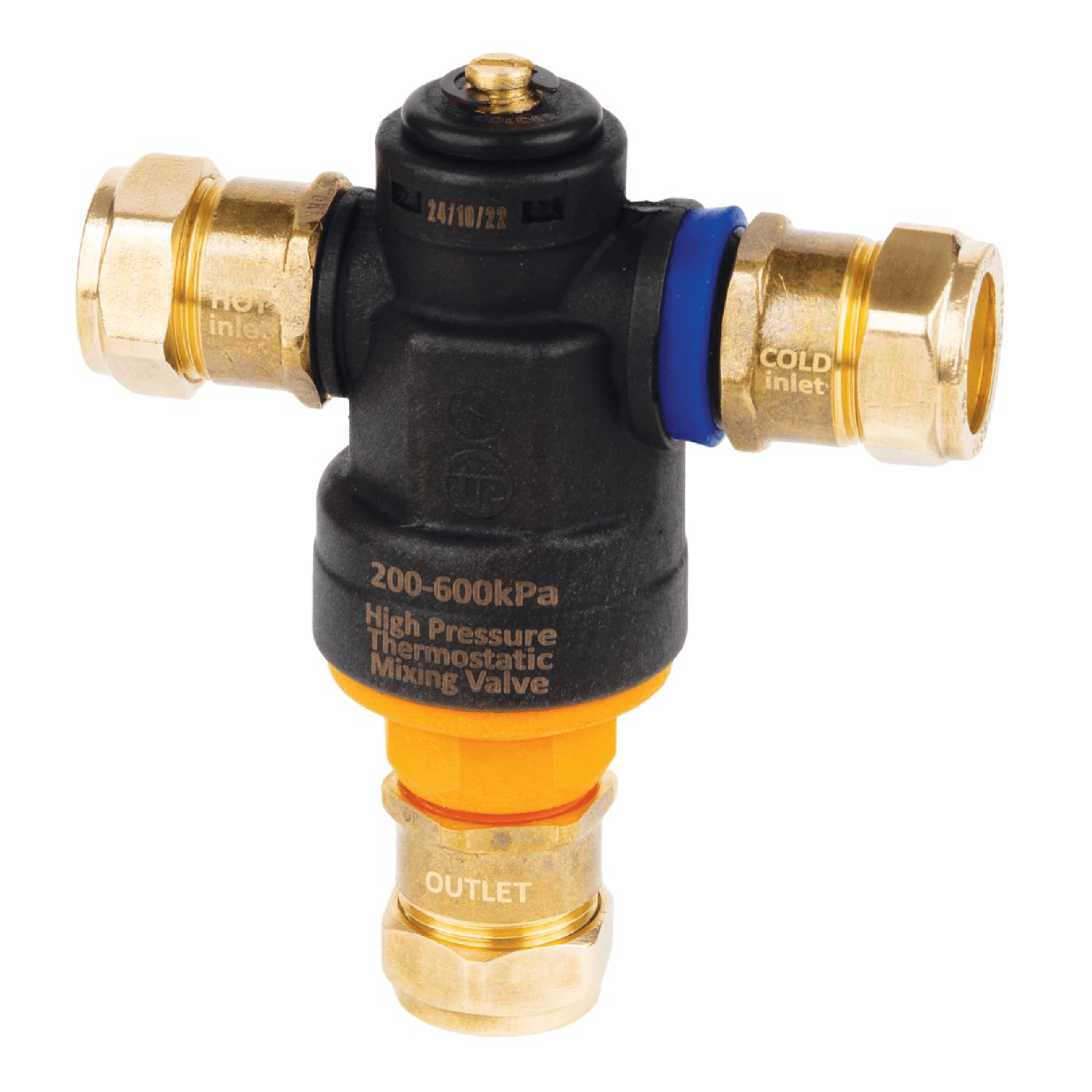 Advanced Valves AD-TM thermostatic mixing valve with hot and cold inlets and mixed-water outlet