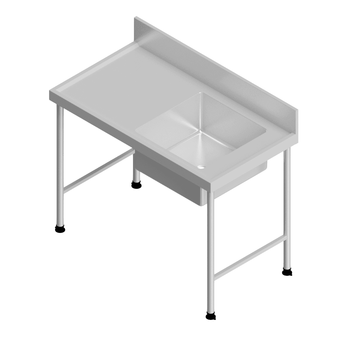 E22126(SR-112-1200) right-hand single-bowl preparation sink with integral splashback and adjustable feet