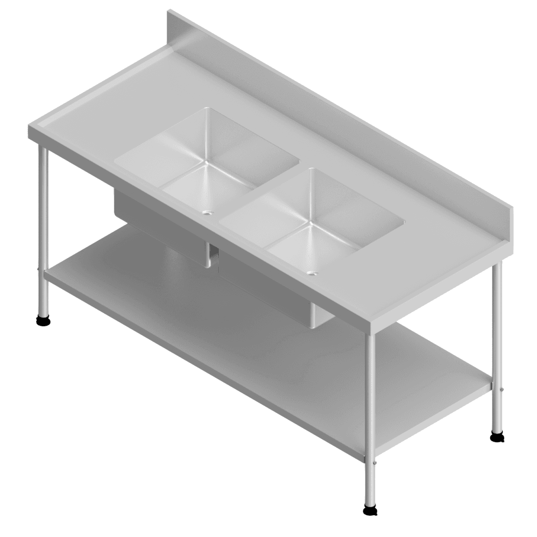 E22126(DC-112-1800x0750-S112) double centre bowl work table with solid stainless steel undershelf