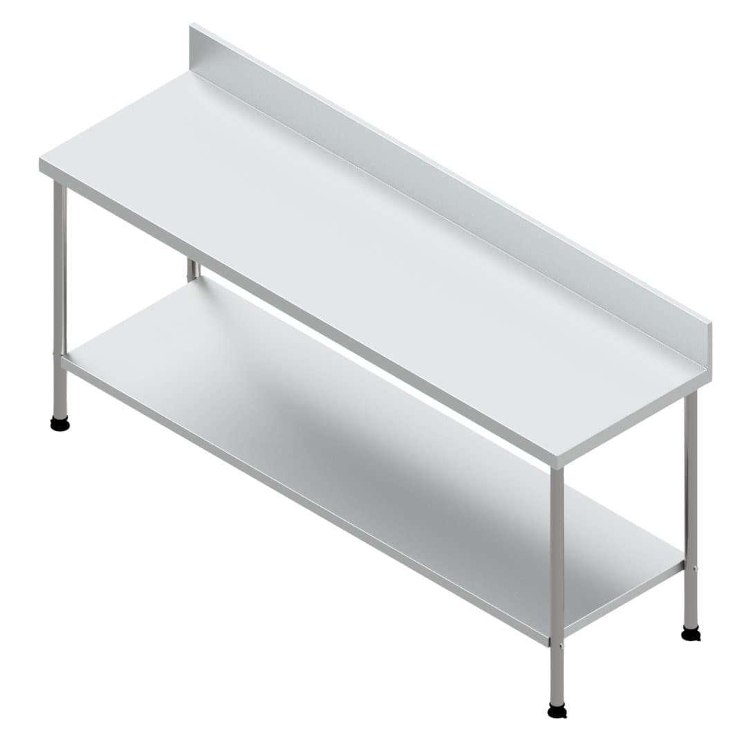 2000 x 600 mm Grade 304 stainless steel heavy-duty work table with rear splashback and solid undershelf
