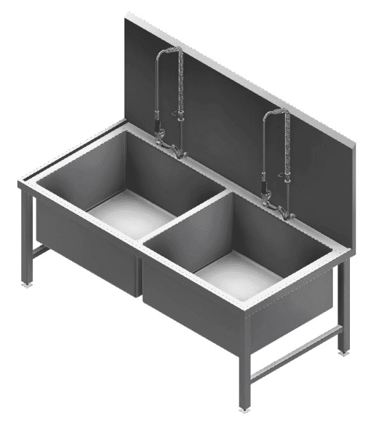 2250 mm double-bowl utensil wash sink with integral extended splashback