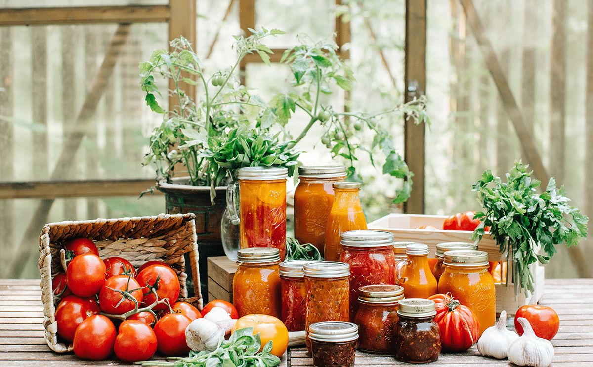 Photo of preserved food in jars and raw vegetables used as a featured image on a blog post
